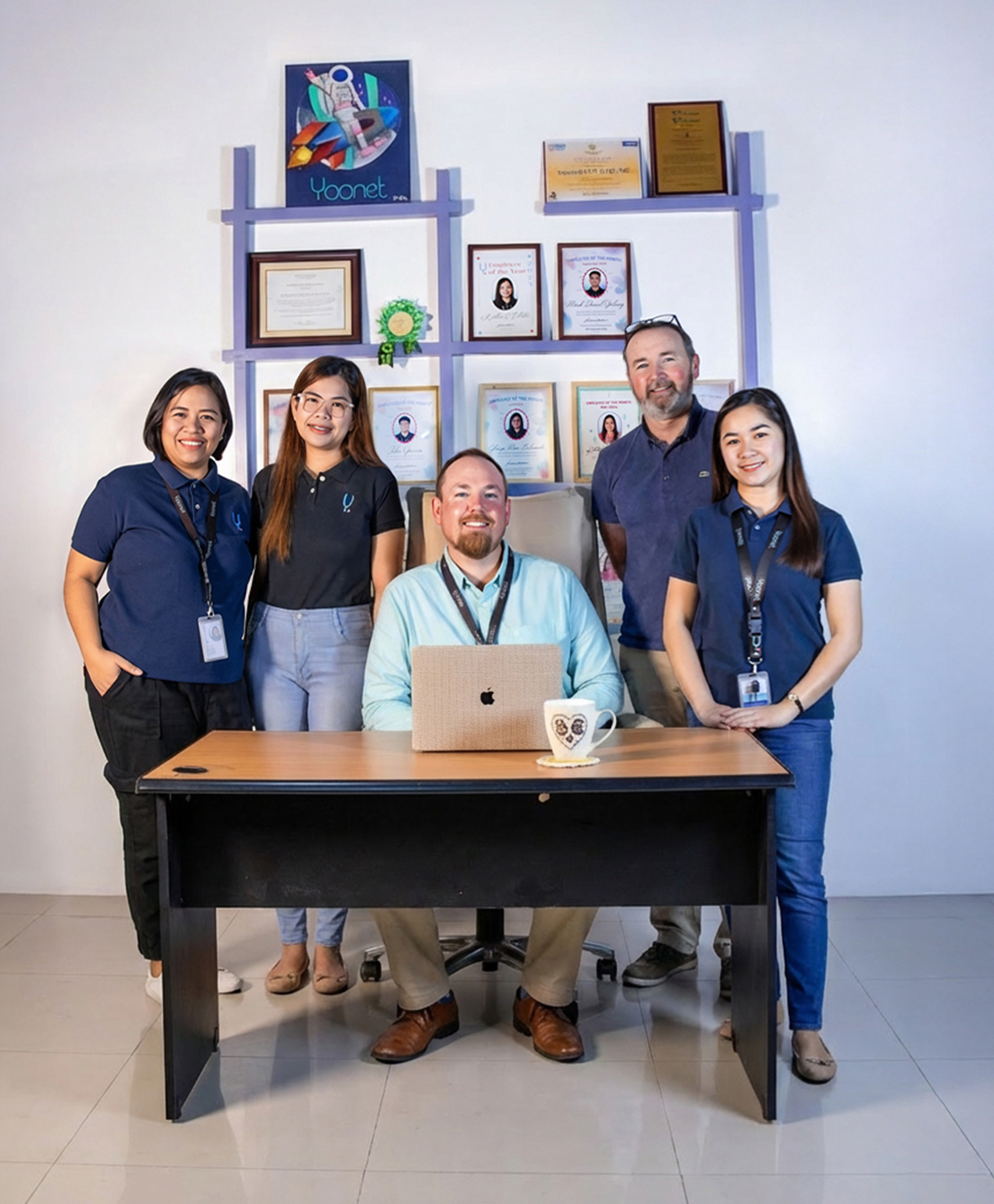 Ben and Gav with Honey, Em and Sarah in the office in the Philippines