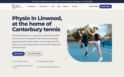 ACE Physiotherapy website on desktop